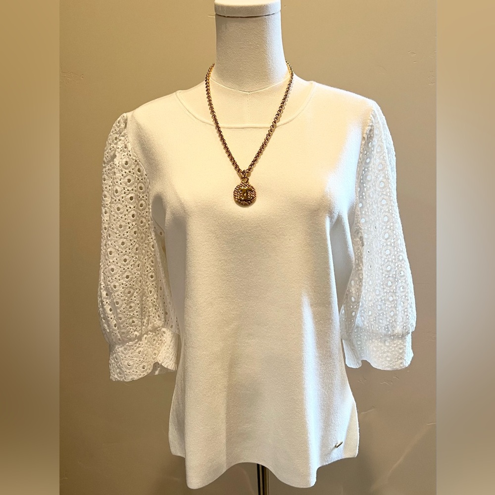 Elie Tahari Cream Sweater Blouse with Eyelet Sleeves